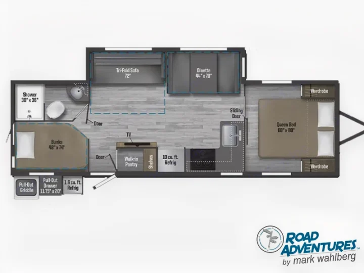 Detailed RV floor plan for a comfortable rv rental, featuring a queen bed, bunks, dinette, sofa, kitchen, & bath.. Winnebago Minnie 2801BHS 2024