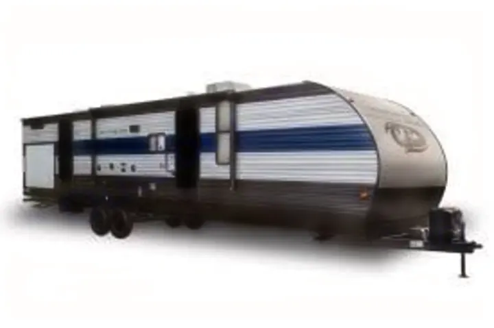 This large grey, black, and blue travel trailer is an ideal RV rental for your next outdoor adventure or camping trip.. Forest River Cherokee 2021