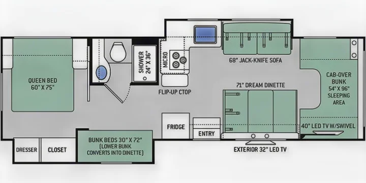 This rv rental floor plan shows a queen bed, bunks, kitchen, bath, dinette, sofa, and cab-over bunk, offering diverse sleeping.. Thor Motor Coach Freedom Elite 2019