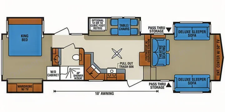 Detailed rv rental floor plan with king bed, full bath, kitchen, dining, theatre seating, two sleeper sofas, and a 50" TV.. K-Z Manufacturing Durango 2017