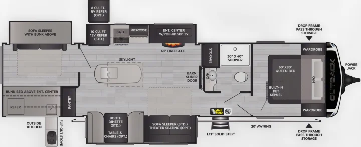 This RV rental floor plan shows a spacious travel trailer with a queen bed, bunks, full kitchen, fireplace, and pet kennel.. Keystone Outback 2021