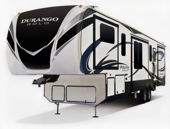 Luxurious white & black Durango Gold fifth-wheel RV, ideal for rv rental adventures. Features large windows & multiple slide-outs.. K-Z Manufacturing Durango 2017