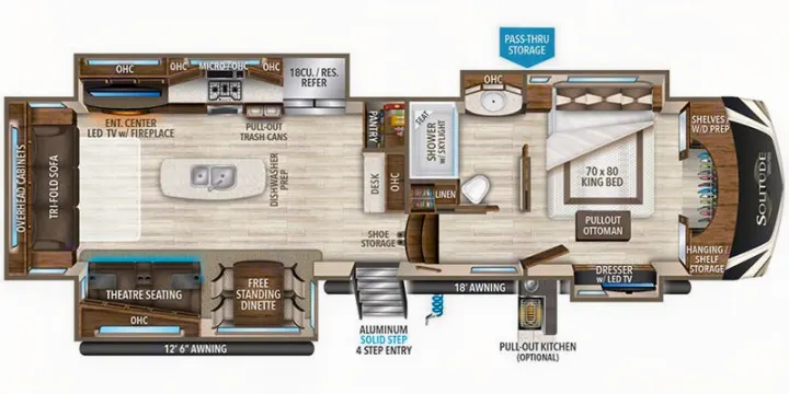 This RV rental floor plan details a luxury fifth-wheel, showing a king bed, kitchen, living areas, and full bath.. Grand Design Solitude 2019