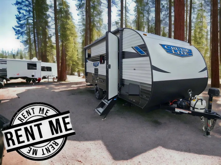 A white and black Cruise Lite RV rental, a travel trailer, is parked in a sunny forest campsite, ready for adventure.. Forest River Salem Cruise Lite 2024