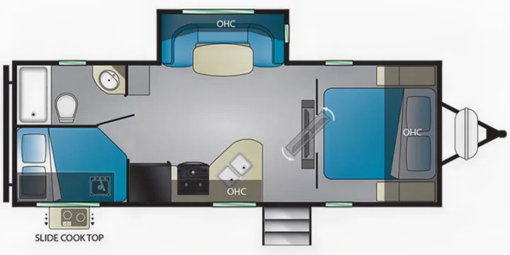 RV rental floor plan: Detailed travel trailer interior layout with master bedroom, bunk beds, full bath, kitchen, and dining area.. Heartland RVs North Trail 2019