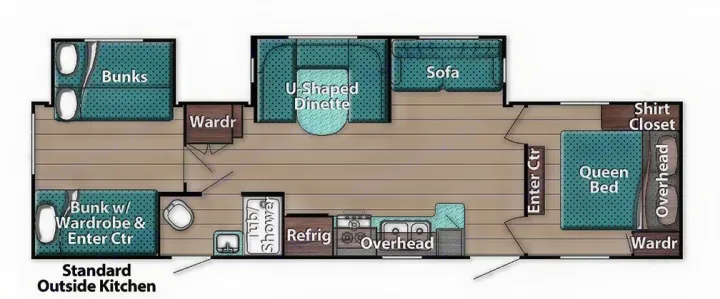 RV rental floor plan: Queen bed, bunks, U-dinette, kitchen (inside & outside), sofa, and bathroom layout.. Gulfstream Conquest 2021