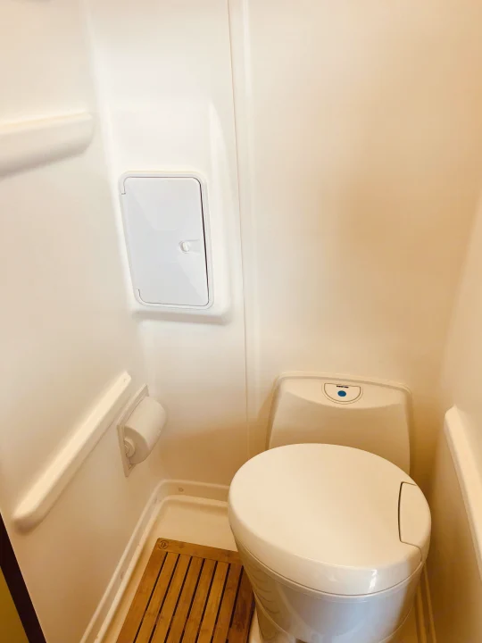 RV rental compact wet bath features a white Thetford toilet, toilet paper holder, and a wooden slatted shower mat on the floor.. Winnebago Revel 2019