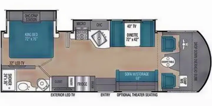 Detailed RV rental floor plan. Features king bed, full bath, kitchen, dinette, sofa, & drop-down overhead bunk.. Forest River Coachmen Pursuit 2020