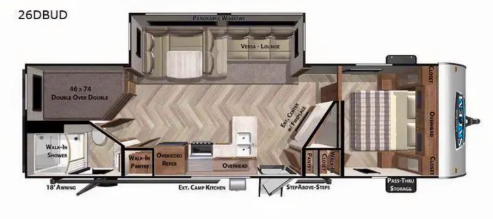 Explore this 26DBUD RV rental travel trailer floorplan, detailing its master suite, bunk beds, full kitchen, and lounge area.. Forest River Salem 2022