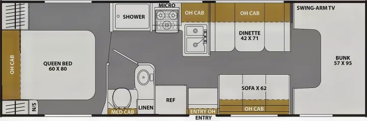 This RV rental floor plan displays a spacious interior with a queen bed, bunk, dinette, kitchen, and bathroom layout.. Freelander Coachman 2023