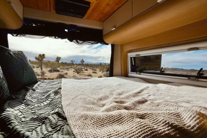 View from a cozy RV rental bed, showing a desert landscape with Joshua trees under a cloudy sky.. Noovo Lite 2023
