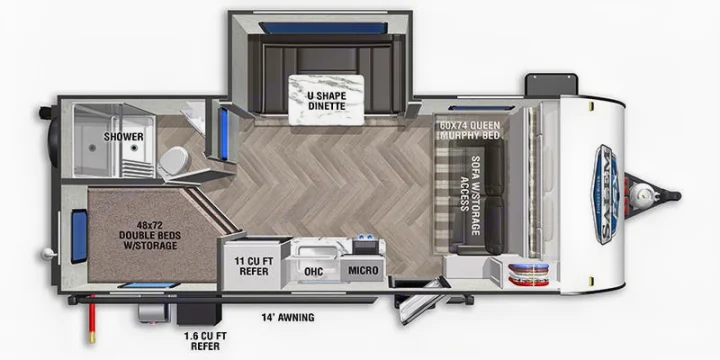 Explore this RV rental floor plan: queen Murphy bed, double bunks, U-dinette, full kitchen, and bath with shower. Ideal for travel.. Forest River Salem FSX Plantium 2022