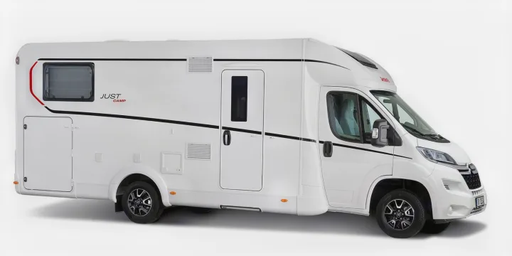 White camper van for RV rental. Modern motorhome with black and red accents, seen from the side.. Dethleffs Just T7052 DBM 2024