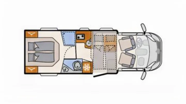 RV rental: detailed top-down floor plan of a motorhome. Features twin beds, kitchen, bathroom, and front cabin layout.. Dethleffs Just T7052 DBM 2024