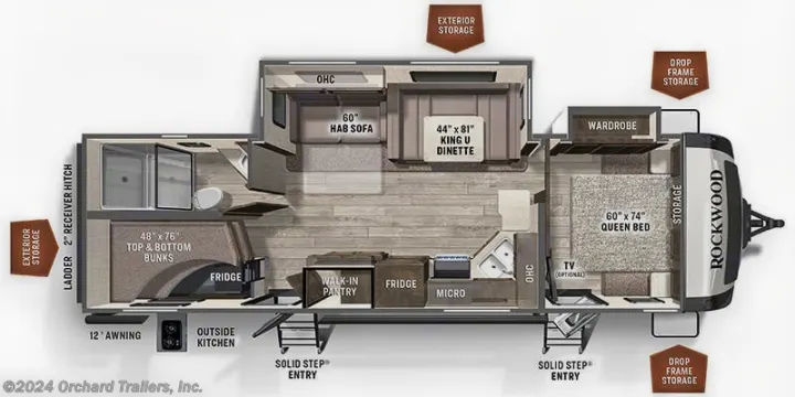 Rockwood RV rental floor plan: queen bed, bunks, kitchen, dinette, and storage shown for adventure travel.. Forest River Rockwood Ultra Lite 2022