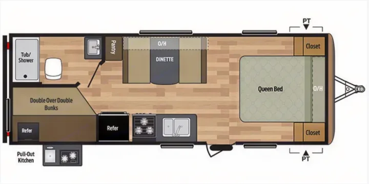 RV rental interior floor plan: Queen bed, double bunks, kitchen, dinette, bath for family comfort.. Keystone RV Springdale Eco-Lite 2018