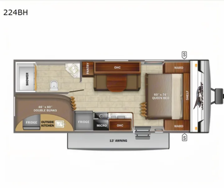 Explore this 224BH RV rental floor plan: queen bed, bunks, full bath, kitchen, and outside kitchen with awning.. Jayco Jay Flight SLX 2021