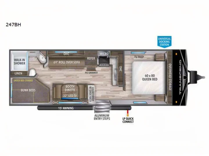 Detailed 247BH RV rental floor plan: queen bed, bunk beds, kitchen, bath, dinette, and ample storage.. Grand Design Transcend Xplor 2022