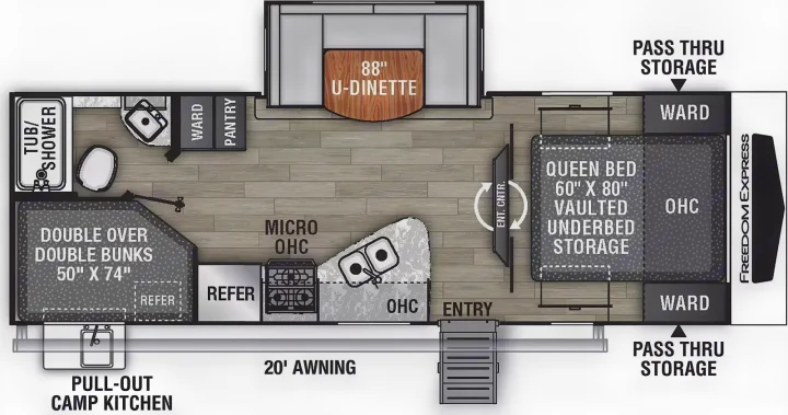 This detailed RV rental floor plan showcases a queen bed, double bunks, U-dinette, full kitchen, and bath.. Coachmen Freedom Express Ultra Lite 257BHS 2023