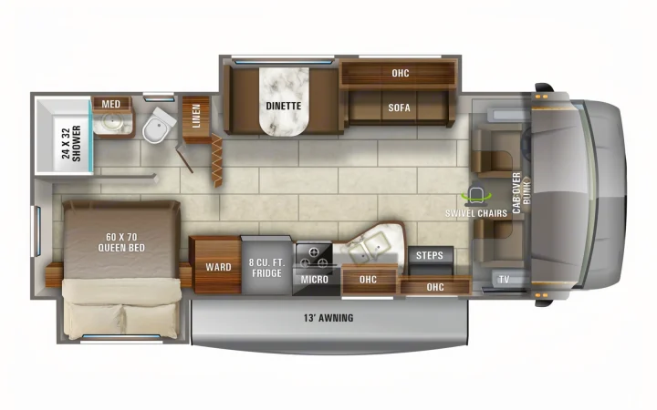 Top-down view of an RV rental floor plan, featuring a queen bed, kitchen, bath, dinette, sofa, and cab-over bunk.. Jayco Redhawk 2019