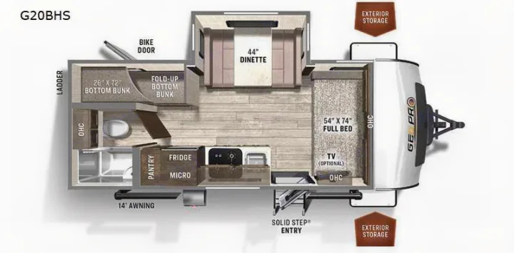 G20BHS RV rental floor plan: A compact travel trailer with full bed, bunks, dinette, and kitchen for your next adventure.. Forest River GeoPro 20BHS 2022