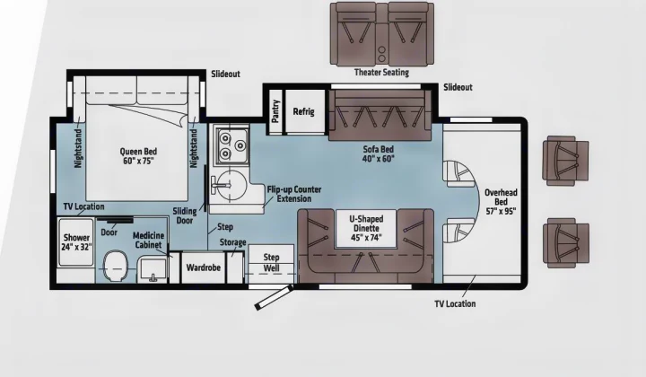 Explore this RV rental's motorhome floor plan: Queen bed, sofa bed, U-shaped dinette, kitchen, bath, & slideouts for space.. Winnebago Minnie Winnie 2024