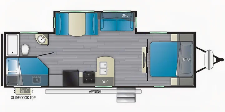 Detailed travel trailer floor plan for rv rental. See this spacious RV layout with bedroom, bunks, bath, and kitchen.. Heartland RVs Mallard 2022