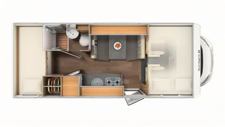 Top-down view of an RV rental's interior, showcasing a complete camper motorhome layout with a bedroom, bathroom, dining, and kitchen area.. Sunlight A68 2024