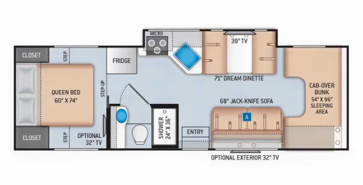 RV rental floor plan: This motorhome layout features a queen bed, kitchen, bath, dinette, jack-knife sofa, and cab-over bunk.. Thor Motor Coach Mgnitude 2022