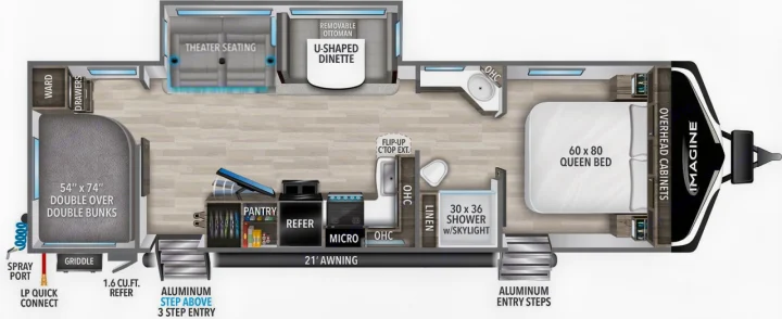 RV rental: Imagine travel trailer floor plan featuring queen bed, double bunks, theater seating, dinette, kitchen & bath.. Grand Design Imagine 2023
