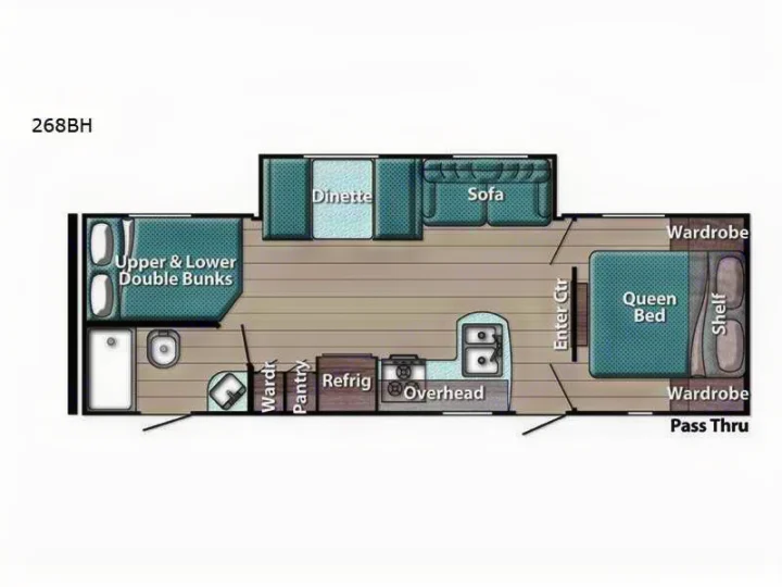 RV rental floor plan (268BH) shows a spacious layout with a queen bed, bunk beds, dinette, sofa, and full kitchen/bath.. Gulf Stream Friendship 268BH 2024