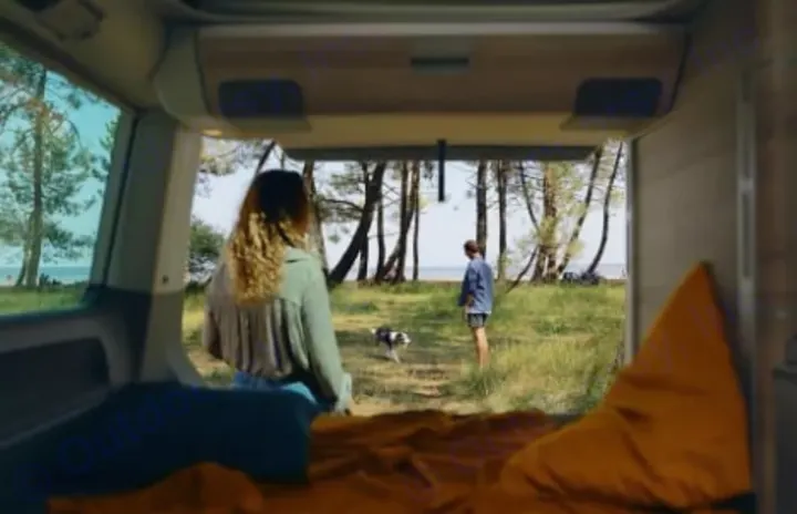 From an RV rental, two people and a dog enjoy a scenic natural setting with trees and water. Perfect for outdoor adventure.. Volkswagen California T6.1 DSG 2024