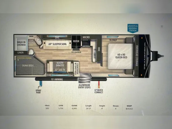 This detailed RV rental floor plan showcases a Transcend travel trailer, featuring a queen bed, bunk beds, and full specifications. Sleeps 8.. Grand Design Other 2022