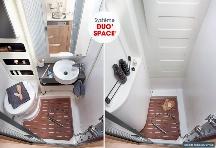 RV rental: DUO'SPACE system transforms this compact bathroom. Left shows toilet/sink; right, a full shower. Efficient design.. CAMPEREVE FAMILY VAN 2022