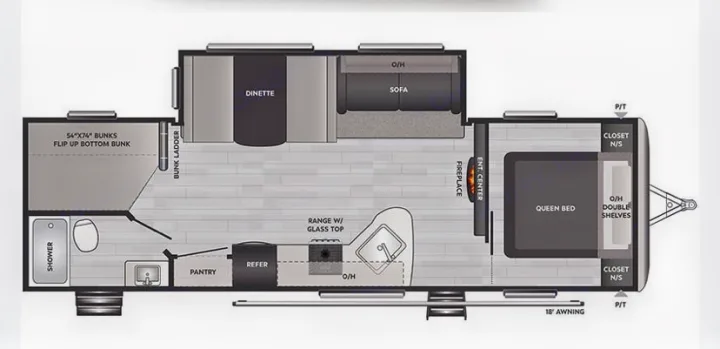 RV rental floor plan: Bunk beds (54x74), queen bed, kitchen, dinette, sofa, and bath. Optimized for family comfort.. Keystone RV Springdale 2022