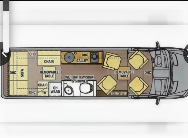 RV rental floor plan shows interior layout: galley, wet bath, sofa, chairs, and removable tables.. Mercedes-Benz Sprinter RV Motorhome Campervan 2017