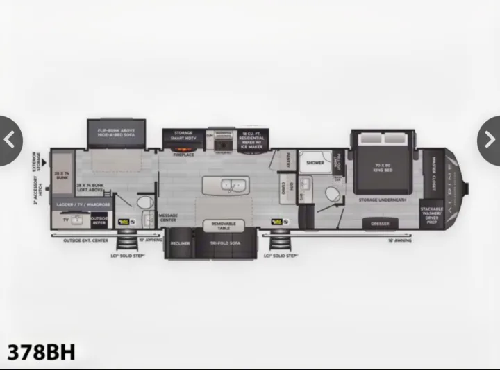 RV rental floor plan of Alpine 378BH. Detailed interior layout with bunkhouse, king bed, kitchen, living, and bath.. Keystone Alpine Avalanche 2024