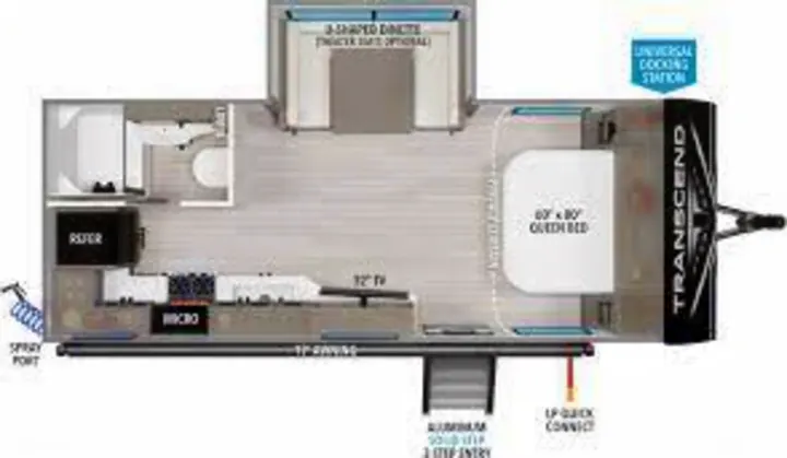 RV rental floor plan: A top-down view of a travel trailer's interior, detailing queen bed, kitchen, bathroom, and convertible dinette.. Grand Design Transcend Xplor 2021