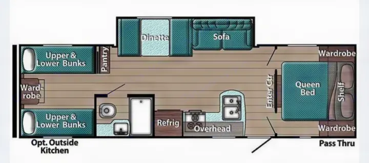 RV rental interior layout: Features queen bed, bunk beds, kitchen, dinette, and sofa for spacious travel.. Gulf Stream Ameri-Lite 2022