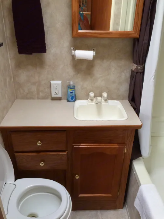 Inside an rv rental: a compact bathroom featuring a white toilet, integrated sink, wooden vanity, mirror, and shower curtain.. Keystone RV Springdale 2005
