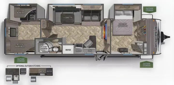 RV rental floor plan details a travel trailer interior: queen bed, bunk beds, U-dinette, kitchen, bath, and storage.. Forest River Puma 2023
