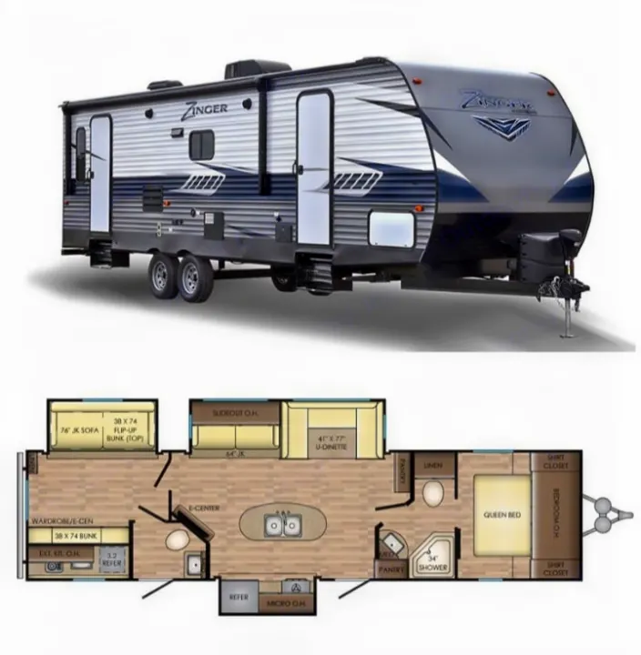 This Zinger travel trailer RV, perfect for rv rental, features a spacious floor plan with sleeping areas and full amenities.. Crossroads RV Zinger 2018