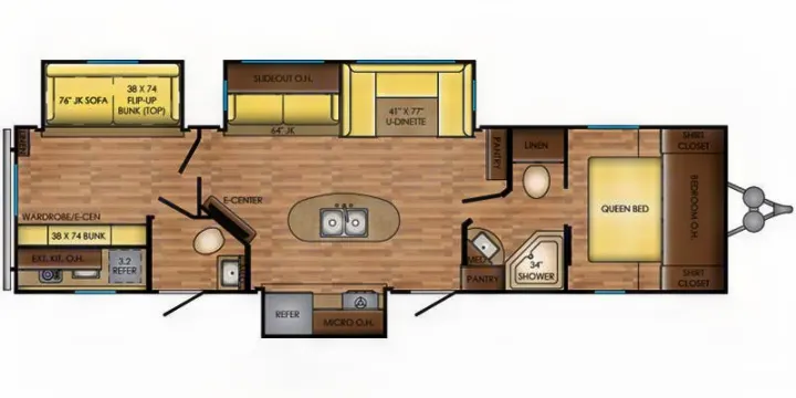 RV rental floor plan: a spacious layout featuring queen bed, bunk beds, full kitchen, bathroom, and comfortable dinette.. Crossroads RV Zinger 2018