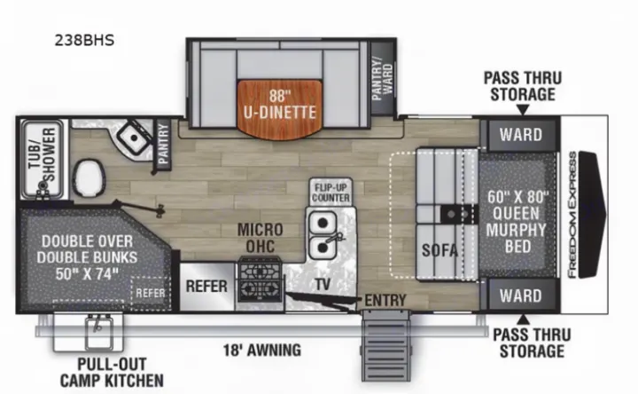 RV rental floor plan (238BHS): queen Murphy bed, bunks, U-dinette, kitchen, bath, and outdoor camp kitchen.. Coachmen Freedom Express Ultra Lite 238BHS 2022