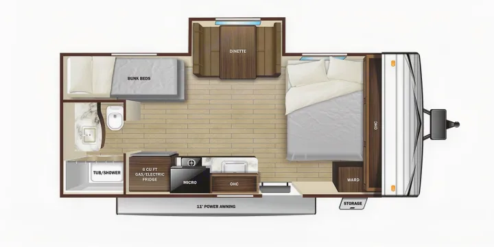This RV rental floor plan displays a compact layout: master bed, bunks, dinette, kitchen, and full bath for travel.. Highland Ridge RV Open Range 2022