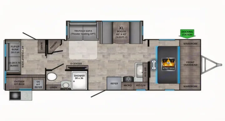 This RV rental floor plan showcases a spacious interior with a king bed, bunks, kitchen, and bath, ideal for travel.. Crossroads RV Sunset Trail 2022