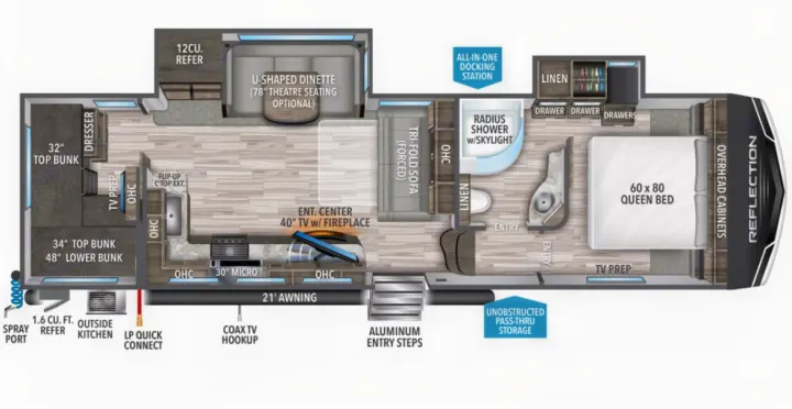 Detailed RV rental floor plan showing a queen bed, bunk beds, kitchen, dinette, and bath. Ideal for family adventures.. Grand Design Reflection 2021