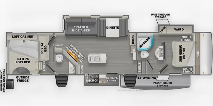 This rv rental floor plan shows multiple beds, kitchen, and bath areas, including a loft bed and queen bed, ideal for families.. Forest River Sierra 2022