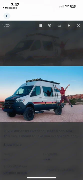 Adventure-ready 2023 Storyteller Overland Beast 4x4 camper van for RV rental. Person joyfully poses outdoors.. Mercedes-Benz sprinter 2023