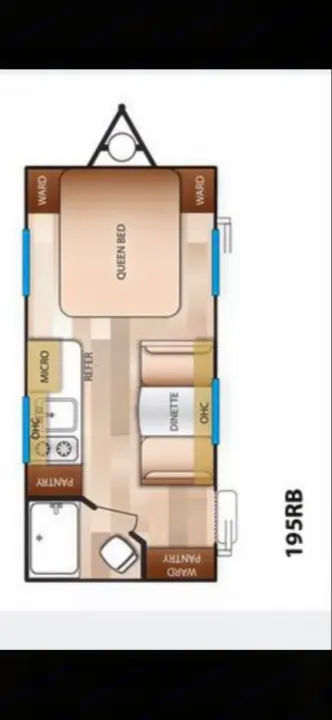 RV rental layout: Top-down view of a 195RB travel trailer floor plan, detailing bed, kitchen, dinette, and bathroom zones.. Forest River Salem Cruise Lite 2017